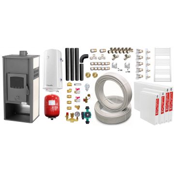 Pachet incalzire si apa calda pentru 3 camere Termosemineu pe lemne, brichete si carbune Fornello Roma E, Ivory, 22 kW, 49x45x103 cm, teava, boiler termoelectric 100l, vas expansiune, pompa circulatie, kit evacuare, calorifere si fitingu