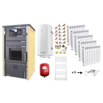 Pachet incalzire si apa calda Termosemineu FORNELLO AVANOS 32 kw Ivory pe combustibil solid ( lemn,carbune,bricheti ), calorifere aluminiu Fornello Alvo, boiler termoelectric 100l, vas expansiune si kit montaj