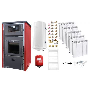 Pachet incalzire si apa calda Termosemineu FORNELLO AVANOS 32 kw Red pe combustibil solid  ( lemn,carbune,bricheti ), calorifere aluminiu Fornello Alvo, boiler termoelectric 100l, vas expansiune si kit montaj