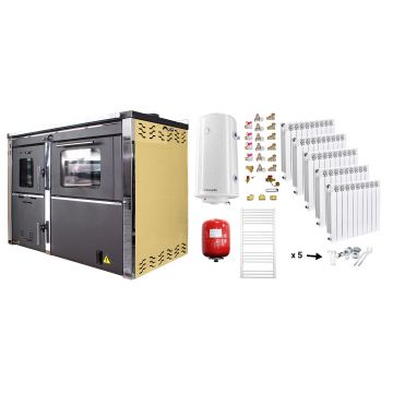 Pachet incalzire si apa calda Termosemineu FORNELLO STAR CREAM 34 kw pe combustibil solid, echipat cu pompa, calorifere aluminiu Fornello Alvo, boiler termoelectric 100l, vas expansiune si kit montaj