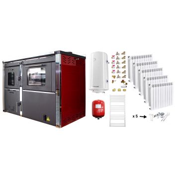 Pachet incalzire si apa calda Termosemineu FORNELLO STAR Red 34 kw pe combustibil solid, echipat cu pompa, calorifere aluminiu Fornello Alvo, boiler termoelectric 100l, vas expansiune si kit montaj