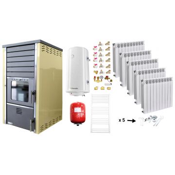 Pachet incalzire si apa calda Termosemineu FORNELLO SUPERNOVA CREAM 38 KW pe combustibil solid ( lemn,carbune,bricheti ), echipat cu pompa de circulare, calorifere aluminiu Fornello Alvo, boiler termoelectric 100l, vas expansiune si kit montaj