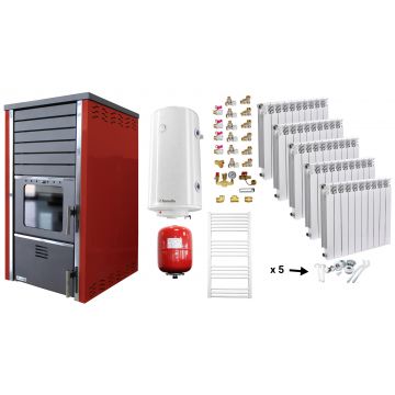 Pachet incalzire si apa calda Termosemineu FORNELLO SUPERNOVA RED 38 KW pe combustibil solid ( lemn,carbune,bricheti ), echipat cu pompa de circulare, calorifere aluminiu Fornello Alvo, boiler termoelectric 100l, vas expansiune si kit montaj