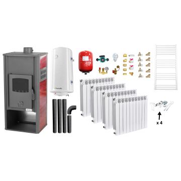 Pachet incalzire si apa calda Termosemineu pe lemne, brichete si carbune Fornello Roma E, Bordeaux, 22 kW, calorifere aluminiu Fornello Alvo, boiler termoelectric 100l, vas expansiune, pompa circulatie, kit evacuare kit montaj