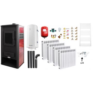 Pachet incalzire si apa calda Termosemineu pe lemne, brichete si carbune Fornello Roma E, Bordeaux, 22 kW, calorifere aluminiu Fornello Alvo, boiler termoelectric 100l, vas expansiune, pompa circulatie, kit evacuare kit montaj