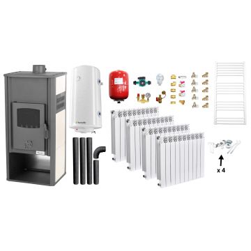 Pachet incalzire si apa calda Termosemineu pe lemne, brichete si carbune Fornello Roma E, Ivory, 22 kW, calorifere aluminiu Fornello Alvo, boiler termoelectric 100l, vas expansiune, pompa circulatie, kit evacuare kit montaj