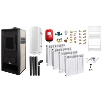Pachet incalzire si apa calda Termosemineu pe lemne, brichete si carbune Fornello Roma E, Ivory, 22 kW, calorifere aluminiu Fornello Alvo, boiler termoelectric 100l, vas expansiune, pompa circulatie, kit evacuare kit montaj
