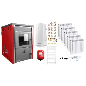 Pachet incalzire si apa calda Termosemineu pe lemne FORNELLO TOROS 29 kw Bordeaux pe combustibil solid ( lemn,carbune,bricheti ), calorifere aluminiu Fornello Alvo, boiler termoelectric 100l, vas expansiune si kit montaj