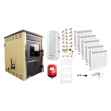 Pachet incalzire si apa calda Termosemineu pe lemne FORNELLO TOROS 29 kw Ivory pe combustibil solid ( lemn,carbune,bricheti ), calorifere aluminiu Fornello Alvo, boiler termoelectric 100l, vas expansiune si kit montaj