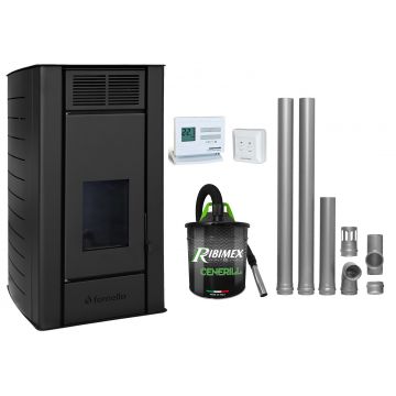 Pachet Termosemineu centrala pe peleti Fornello SERENA W25, 25 kw, culoare Black, complet echipat cu kit evacuare 2.5 ml, Termostat Radio Comanda Computherm Q3 RF, Aspirator Cenusa, suprafata incalzita pana la 150 mp
