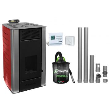 Pachet Termosemineu centrala pe peleti Fornello SERENA W25, 25 kw, culoare Bordeaux, complet echipat cu kit evacuare 2.5 ml, Termostat Radio Comanda Computherm Q3 RF, Aspirator Cenusa, suprafata incalzita pana la 150 mp
