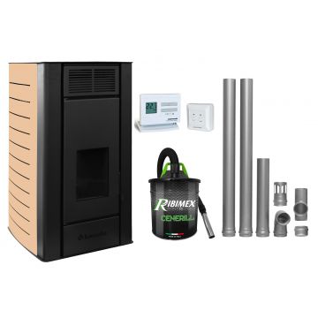 Pachet Termosemineu centrala pe peleti Fornello SERENA W25, 25 kw, culoare Ivory, complet echipat cu kit evacuare 2.5 ml, Termostat Radio Comanda Computherm Q3 RF, Aspirator Cenusa, suprafata incalzita pana la 150 mp