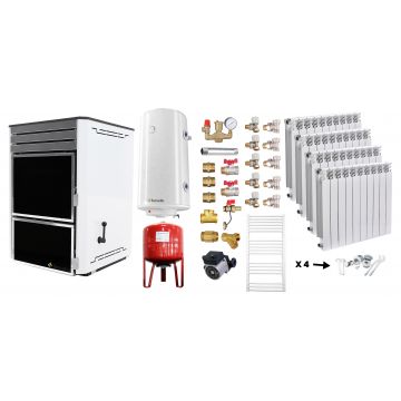 Pachet Termosemineu Fornello Dila Eco 29 kw pe combustibil solid ( lemn,carbune,bricheti ), calorifere aluminiu Fornello Alvo, boiler Fornello gcvs 100 l, vas expansiune, pompa circulare grundfos, termometru, termostat, regulator tiraj si fitinguri
