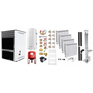 Pachet Termosemineu Fornello Dila Eco 29 kw pe combustibil solid ( lemn,carbune,bricheti ), calorifere aluminiu Fornello Alvo, cos evacuare, boiler Fornello gcvs 100 l, vas expansiune, pompa, termometru, termostat, regulator tiraj si fitinguri