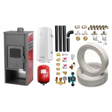 Pachet Termosemineu pe lemne, brichete si carbune Fornello Roma E, Bordeaux, 22 kW, 49x45x103 cm, boiler termoelectric 100l, teava, vas expansiune, pompa circulatie, kit evacuare si fitinguri
