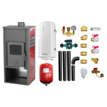 Pachet Termosemineu pe lemne, brichete si carbune Fornello Roma E, Bordeaux, 22 kW, 49x45x103 cm, boiler termoelectric 100l, vas expansiune, pompa circulatie, kit evacuare si kit montaj