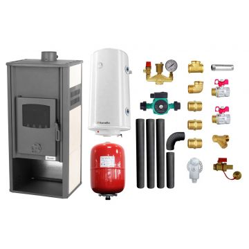 Pachet Termosemineu pe lemne, brichete si carbune Fornello Roma E, Ivory, 22 kW, 49x45x103 cm, boiler termoelectric 100l, vas expansiune, pompa circulatie, kit evacuare si kit montaj