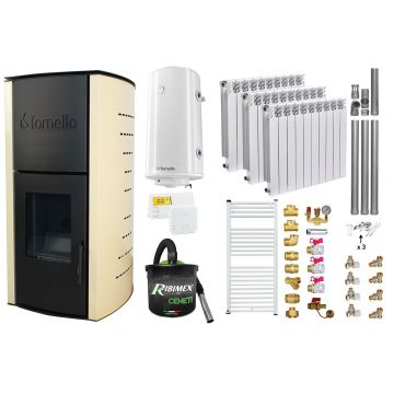 Pachet Termosemineu pe peleti Fornello Michelle 12 kW, echipat cu pompa, vas expansiune, automatizare, Calorifere aluminiu Fornello Alvo, Boiler, kit evacuare 3.5 ml, Aspirator Cenusa, Termostat Salus 091FLRFV2 si Fitinguri