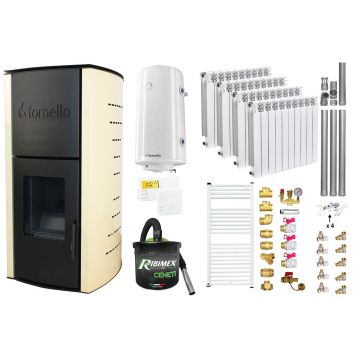 Pachet Termosemineu pe peleti Fornello Royal Ivory 18 kW, complet echipat cu pompa, vas expansiune, automatizare, culoare crem, Calorifere aluminiu Fornello Alvo, Boiler, kit evacuare 3.5 ml, Aspirator Cenusa, Termostat Salus 091FLRFV2 si Fitinguri