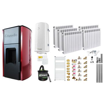 Pachet Termosemineu peleti Fornello Royal Bordeaux 25 kw, complet echipat, pompa circulatie, vas expansiune, automatizare, Calorifere aluminiu Fornello Alvo, Boiler, kit evacuare 3.5 ml, Aspirator Cenusa, Termostat si Fitinguri