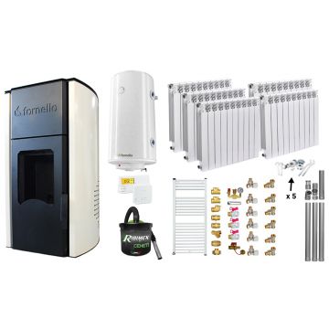 Pachet Termosemineu peleti Fornello Royal Ivory 25 kw, complet echipat, pompa circulatie, vas expansiune, automatizare, Calorifere aluminiu Fornello Alvo, Boiler, kit evacuare 3.5 ml, Aspirator Cenusa, Termostat si Fitinguri