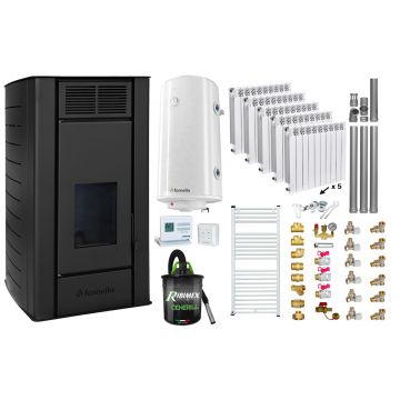 Pachet Termosemineu peleti Fornello SERENA W25, 25 kw, culoare Black, complet echipat, calorifere aluminiu Fornello Alvo, pompa, vas expansiune, automatizare, kit evacuare 3.5 ml, Boiler Termoelectric Fornello 100 l, Termostat, Aspirator