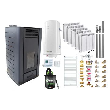 Pachet Termosemineu peleti Fornello SERENA W25, 25 kw, culoare Black, complet echipat, calorifere aluminiu Fornello Alvo, pompa, vas expansiune, automatizare, kit evacuare 3.5 ml, Boiler Termoelectric Fornello 100 l, Termostat, Aspirator