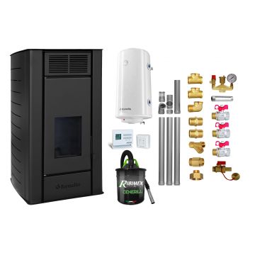 Pachet Termosemineu peleti Fornello SERENA W25, 25 kw, culoare Black, complet echipat, pompa circulatie, vas expansiune, automatizare, kit evacuare 3.5 ml, Boiler Termoelectric Fornello 100 l, Termostat Computherm Q3 RF, Aspirator Cenusa si kit mont