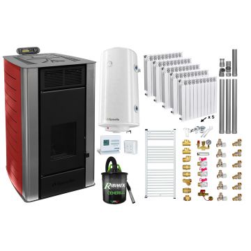Pachet Termosemineu peleti Fornello SERENA W25, 25 kw, culoare Bordeaux, complet echipat, calorifere aluminiu Fornello Alvo, pompa, vas expansiune, automatizare, kit evacuare 3.5 ml, Boiler Termoelectric Fornello 100 l, Termostat, Aspirator