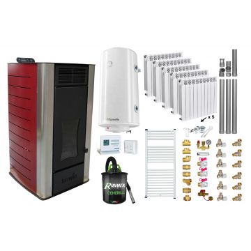Pachet Termosemineu peleti Fornello SERENA W25, 25 kw, culoare Bordeaux, complet echipat, calorifere aluminiu Fornello Alvo, pompa, vas expansiune, automatizare, kit evacuare 3.5 ml, Boiler Termoelectric Fornello 100 l, Termostat, Aspirator