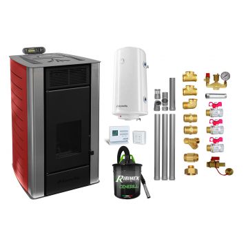 Pachet Termosemineu peleti Fornello SERENA W25, 25 kw, culoare Bordeaux, complet echipat, pompa circulatie, vas expansiune, automatizare, kit evacuare 3.5 ml, Boiler Termoelectric Fornello 100 l, Termostat Radio Comanda Computherm Q3 RF, Aspirator C