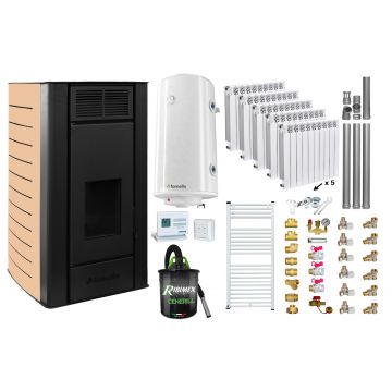 Pachet Termosemineu peleti Fornello SERENA W25, 25 kw, culoare Ivory, complet echipat, calorifere aluminiu Fornello Alvo, pompa, vas expansiune, automatizare, kit evacuare 3.5 ml, Boiler Termoelectric Fornello 100 l, Termostat, Aspirator