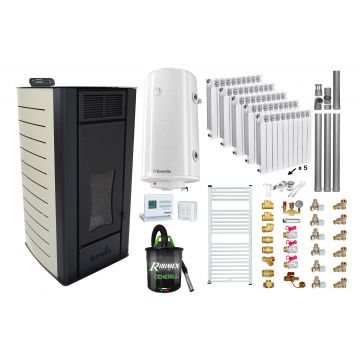 Pachet Termosemineu peleti Fornello SERENA W25, 25 kw, culoare Ivory, complet echipat, calorifere aluminiu Fornello Alvo, pompa, vas expansiune, automatizare, kit evacuare 3.5 ml, Boiler Termoelectric Fornello 100 l, Termostat, Aspirator