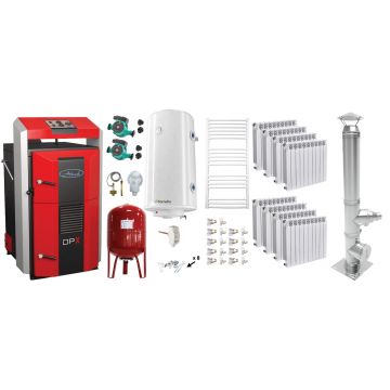 Pachet basic Cazan (centrala) pe combustibil solid, Attack DPX Standard cu gazeificare, 45 kW, calorifere aluminiu Fornello Alvo, cos inox, boiler, vas expansiune, 2 pompe circulare, vana sts, termostat imersie si termostat contact