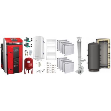 Pachet basic Cazan (centrala) pe combustibil solid, Attack DPX Standard cu gazeificare, 45 kW, Puffer 1000 litri, calorifere aluminiu Fornello Alvo, cos inox, boiler, vas expansiune, 2 pompe circulare, vana sts, termostat imersie si termostat contact