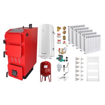 Pachet Cazan (centrala) pe combustibil solid, (lemn, carbune), Fornello Praktik 25 kW, Calorifere Aluminiu Fornello Alvo, Boiler, Vas Expansiune, Pompa, Fitinguri Montaj
