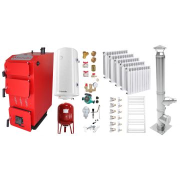 Pachet Cazan (centrala) pe combustibil solid, (lemn, carbune), Fornello Praktik 25 kW, Cos Inox, Calorifere Aluminiu Fornello Alvo, Boiler, Vas Expansiune, Pompa, Fitinguri Montaj