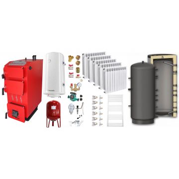 Pachet Cazan (centrala) pe combustibil solid, (lemn, carbune), Fornello Praktik 25 kW, Puffer 800 litri, Calorifere Aluminiu Fornello Alvo, Boiler, Vas Expansiune, Pompa, Fitinguri Montaj