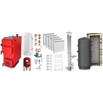 Pachet Cazan (centrala) pe combustibil solid, (lemn, carbune), Fornello Praktik 25 kW, Puffer 800 litri, Cos Inox, Calorifere Aluminiu Forenllo Alvo, Boiler, Vas Expansiune, Pompa, Fitinguri Montaj