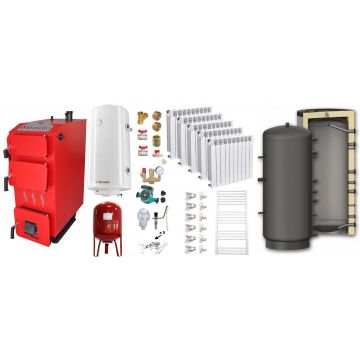Pachet Cazan (centrala) pe combustibil solid, (lemn, carbune), Fornello Praktik 30 kW, Puffer 1000 litri, Calorifere Aluminiu Fornello Alvo, Boiler, Vas Expansiune, Pompa, Fitinguri Montaj