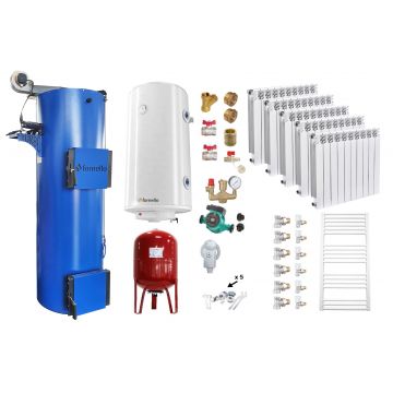 Pachet Cazan (centrala) pe combustibil solid, tip lumanare Fornello Turbo 25 kW, Calorifere Aluminiu Fornello Alvo, Boiler, Vas Expansiune, Pompa, Fitinguri Montaj