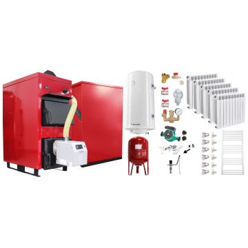 Pachet Centrala Mixta Lemn si Peleti Fornello Eco Energy WB 25 kW, Calorifere Aluminiu Fornello Alvo, Boiler termoelectric, Vas expansiune, Pompa, Arzator Fornello B-HOME 34 kW cu snec B-MAX, Buncar 280 kg si fitinguri