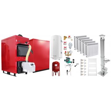 Pachet Centrala Mixta Lemn si Peleti Fornello Eco Energy WB 25 kW, Calorifere Aluminiu Fornello Alvo, Cos Inox, Boiler termoelectric, Vas expansiune, Pompa, Arzator Fornello B-HOME 34 kW cu snec B-MAX, Buncar  280 kg si fitinguri