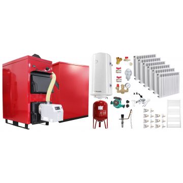 Pachet Centrala Mixta Lemn si Peleti Fornello Eco Energy WB 35 kW, Calorifere Aluminiu Fornello Alvo, Boiler termoelectric, Vas expansiune, Pompa, Arzator Fornello B-HOME 34 kW cu snec B-MAX, Buncar peleti 280 kg si fitinguri montaj