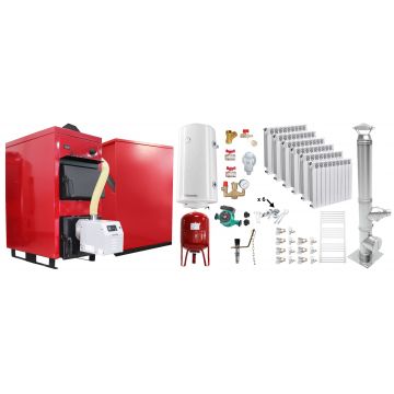 Pachet Centrala Mixta Lemn si Peleti Fornello Eco Energy WB 35 kW, Calorifere Aluminiu Fornello Alvo, Cos Inox, Boiler termoelectric, Vas expansiune, Pompa, Arzator Fornello B-HOME 34 kW cu snec B-MAX, Buncar 280 kg si fitinguri