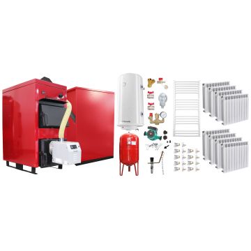Pachet Centrala Mixta Lemn si Peleti Fornello Eco Energy WB 40 kW, Calorifere Aluminiu, Boiler termoelectric, Vas expansiune, Pompa, Arzator Fornello B-HOME 34 kW cu snec B-MAX, Buncar peleti 280 kg si fitinguri montaj