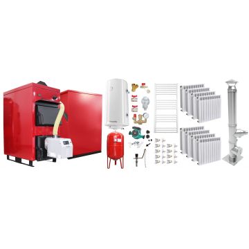 Pachet Centrala Mixta Lemn si Peleti Fornello Eco Energy WB 40 kW, Calorifere Aluminiu Fornello Alvo, Cos Inox, Boiler termoelectric, Vas expansiune, Pompa, Arzator Fornello B-HOME 34 kW cu snec B-MAX, Buncar peleti 280 kg si fitinguri montaj