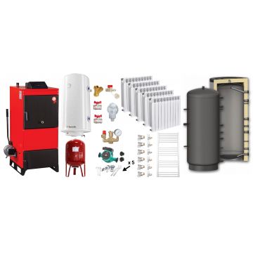 Pachet Centrala pe combustibil solid Fiama D2-25 Putere 29 kW, cu Ventilator si Automatizare, Puffer 800 litri, Calorifere aluminiu Fornello Alvo, Boiler Termoelectric, Pompa, Vas Expansiune si Fitinguri