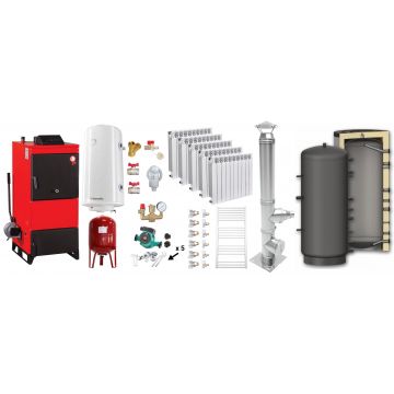 Pachet Centrala pe combustibil solid Fiama D2-25 Putere 29 kW, cu Ventilator si Automatizare, Puffer 800 litri, Cos inox, Calorifere aluminiu Fornello Alvo, Boiler Termoelectric, Pompa, Vas Expansiune si Fitinguri