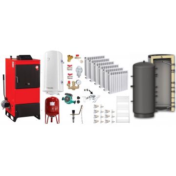 Pachet Centrala pe combustibil solid Fiama D2-40 Putere 46 kW, cu Ventilator si Automatizare, Puffer 1000 litri, Calorifere Aluminiu Fornello Alvo, Boiler Termoelectric, Pompa, Vas Expansiune si Fitinguri